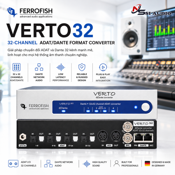 Ferrofish Verto32: Cầu Nối Định Dạng 32 Kênh ADAT Sang Dante – Tích Hợp Hệ Thống Mạng Âm Thanh Siêu Tốc!