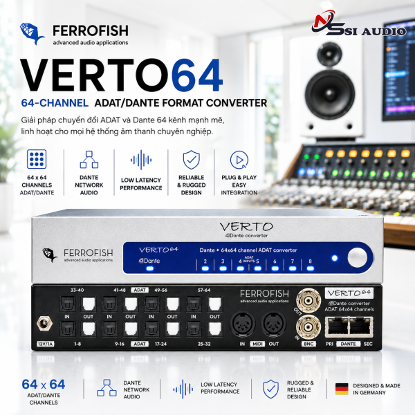 Ferrofish Verto64: Siêu Cầu Nối 64 Kênh ADAT Sang Dante – Hạ Tầng Mạng Âm Thanh Quy Mô Khủng!