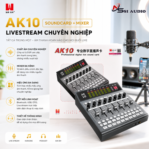 Bàn Trộn Âm Thanh Tích Hợp Soundcard Jialai Zhongke AK10 – Thiết Bị Livestream, Thu Âm Flagship