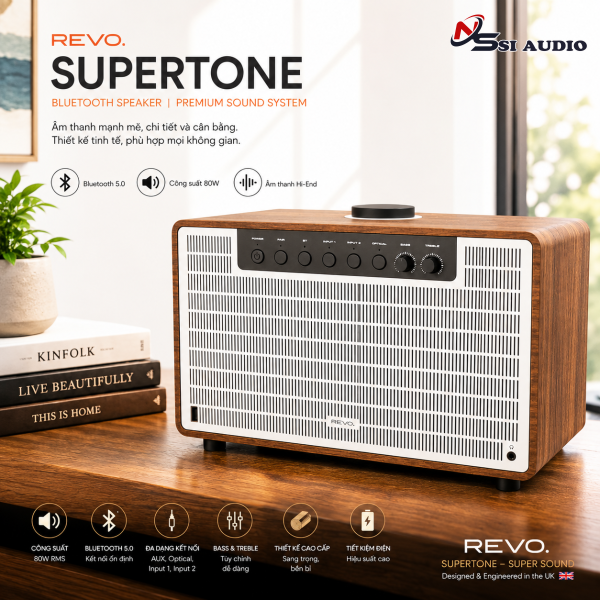 Revo SuperTone – Hệ Thống Loa Bluetooth Hi-Fi Stereo Đồng Trục 80W RMS Tích Hợp Subwoofer & Vỏ Gỗ Óc Chó Sang Trọng